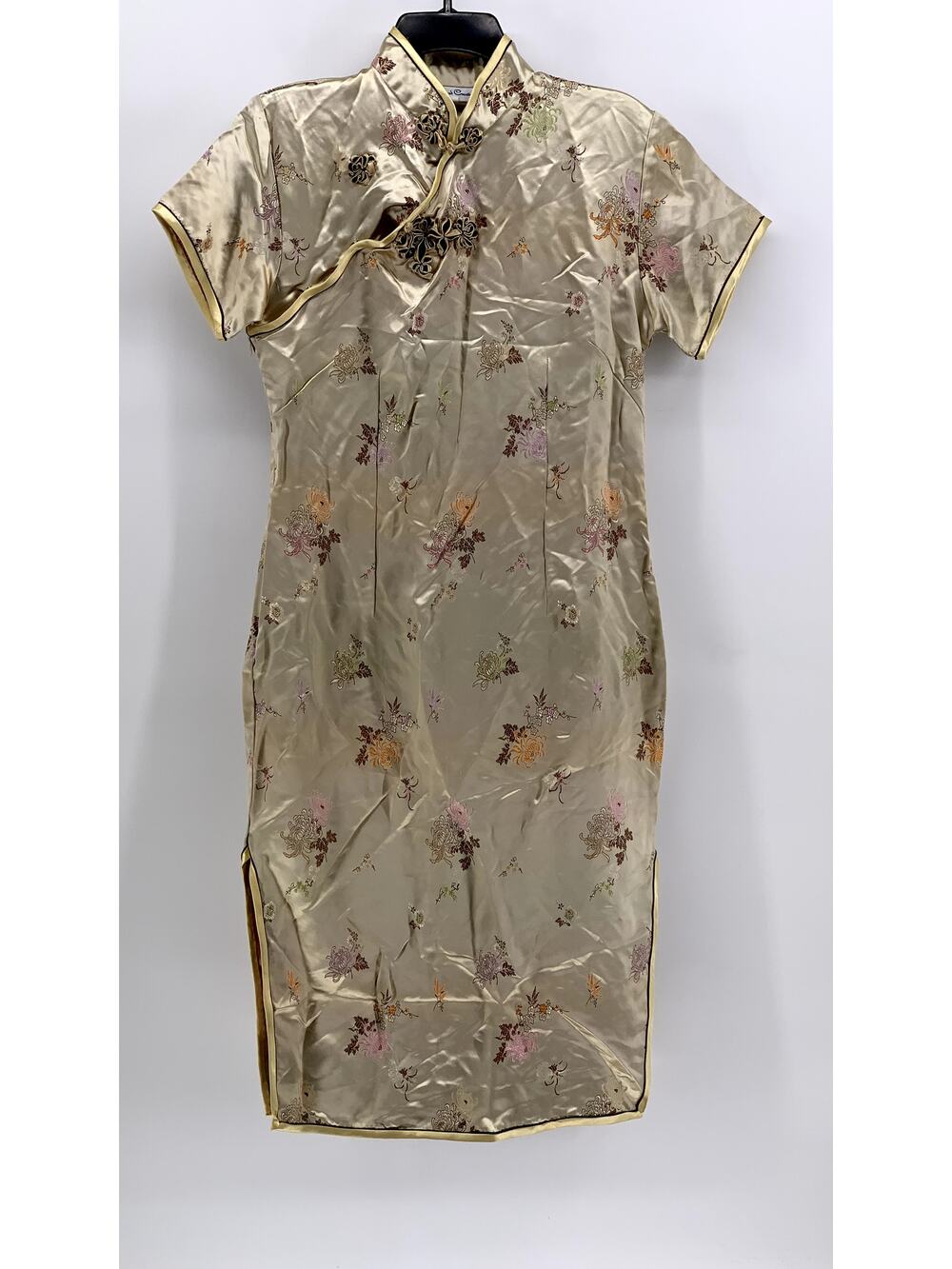 SILKROAD CREATIONS Women's Beige Satin Floral Print Cheongsam Dress SZ 40(US12)